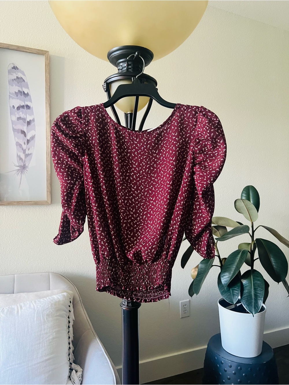 Paper Crane Burgundy Printed Puff-Sleeve Blouse